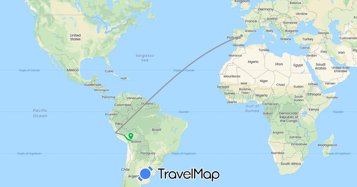 TravelMap itinerary: driving, bus, plane in Bolivia, Spain, Peru (Europe, South America)